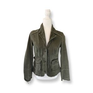 Free People Distressed Army Style Jacket. Button up. 
Cute ruffles.